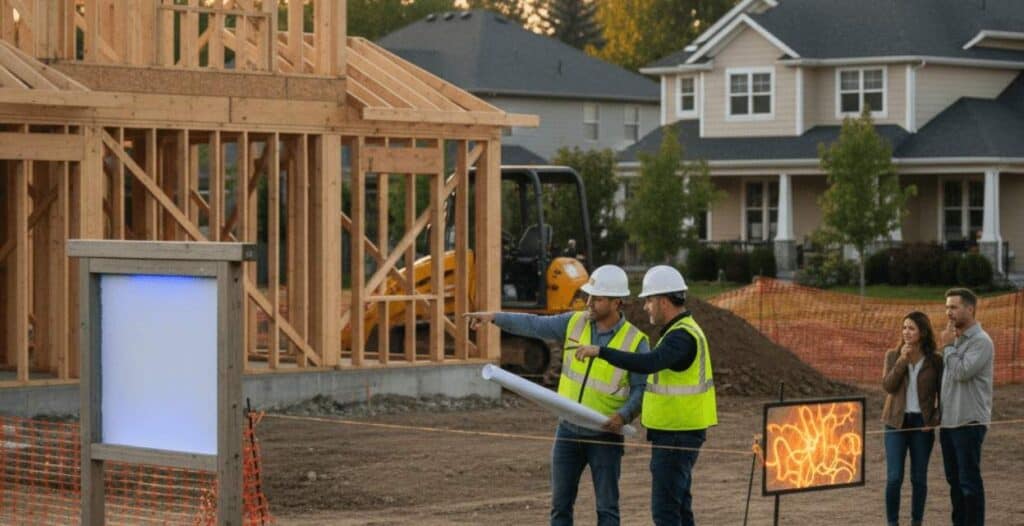 Construction team reviewing plans at a custom home building site.
