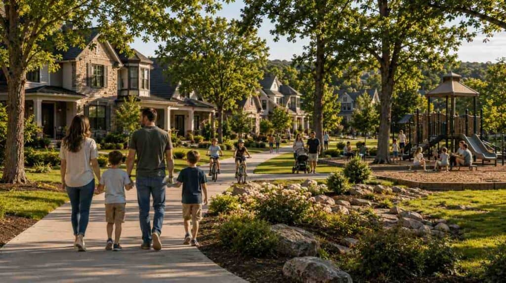 Family-friendly Conway, AR neighborhood with homes and tree-lined paths.
