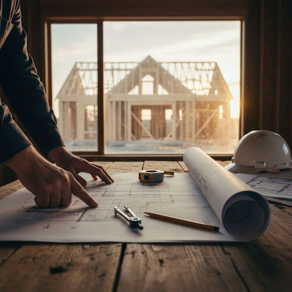 Architect reviewing custom home plans with house framing in background.