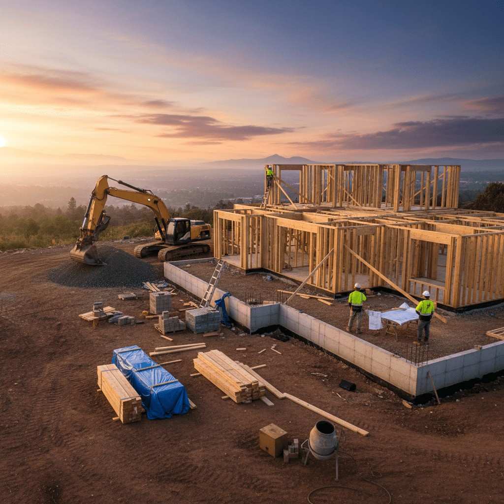 Custom home construction site in Benton, AR at sunset
