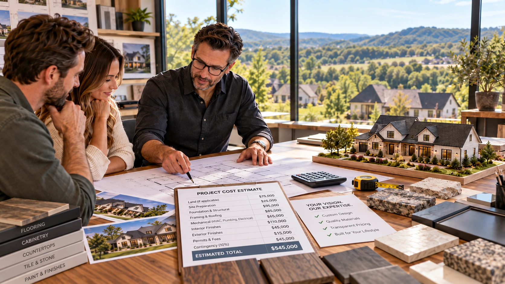 Couple reviewing custom home building costs