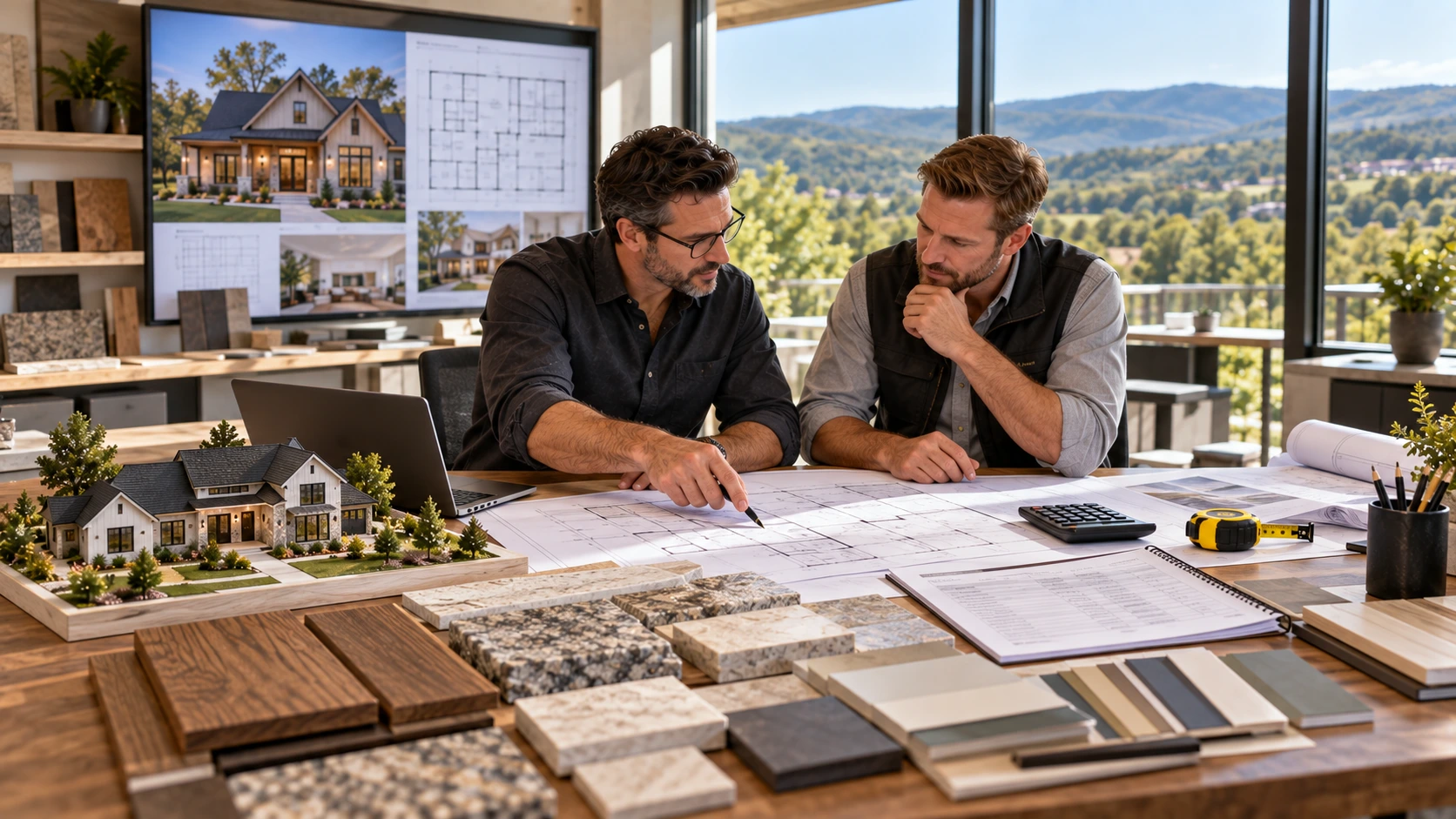 Custom home planning meeting with architectural plans